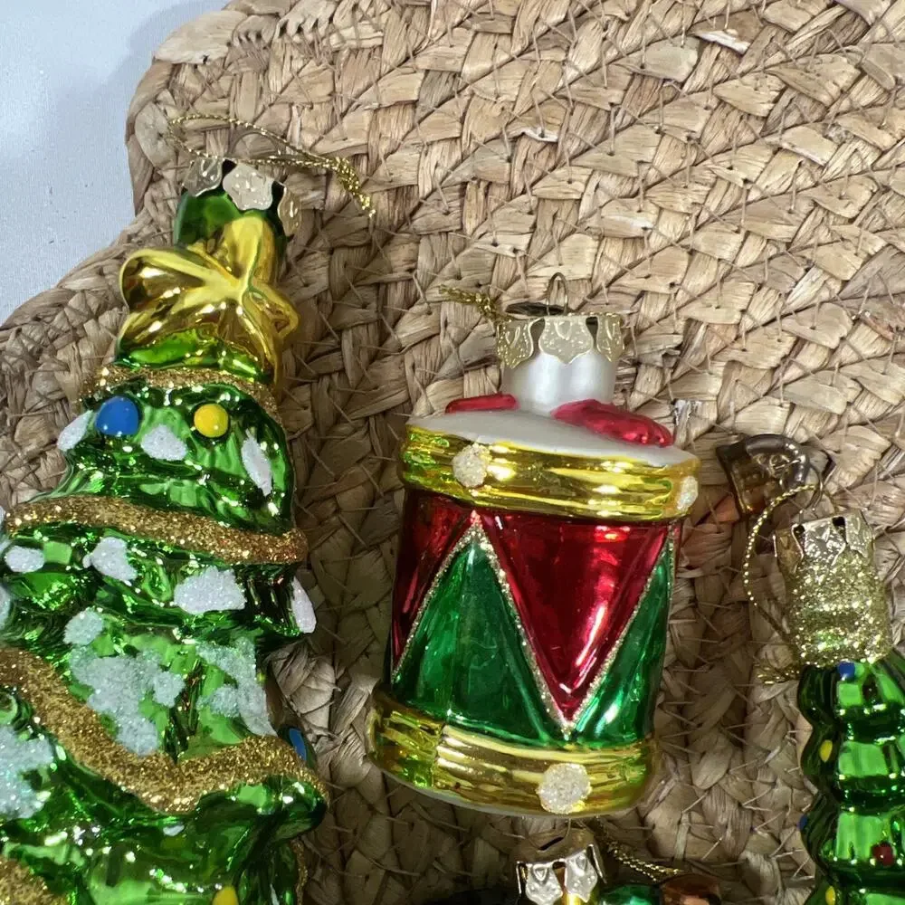 Vintage Thomas Pacconi Glass Christmas Tree 3.5” & 6.5” + Drum Train Ornaments